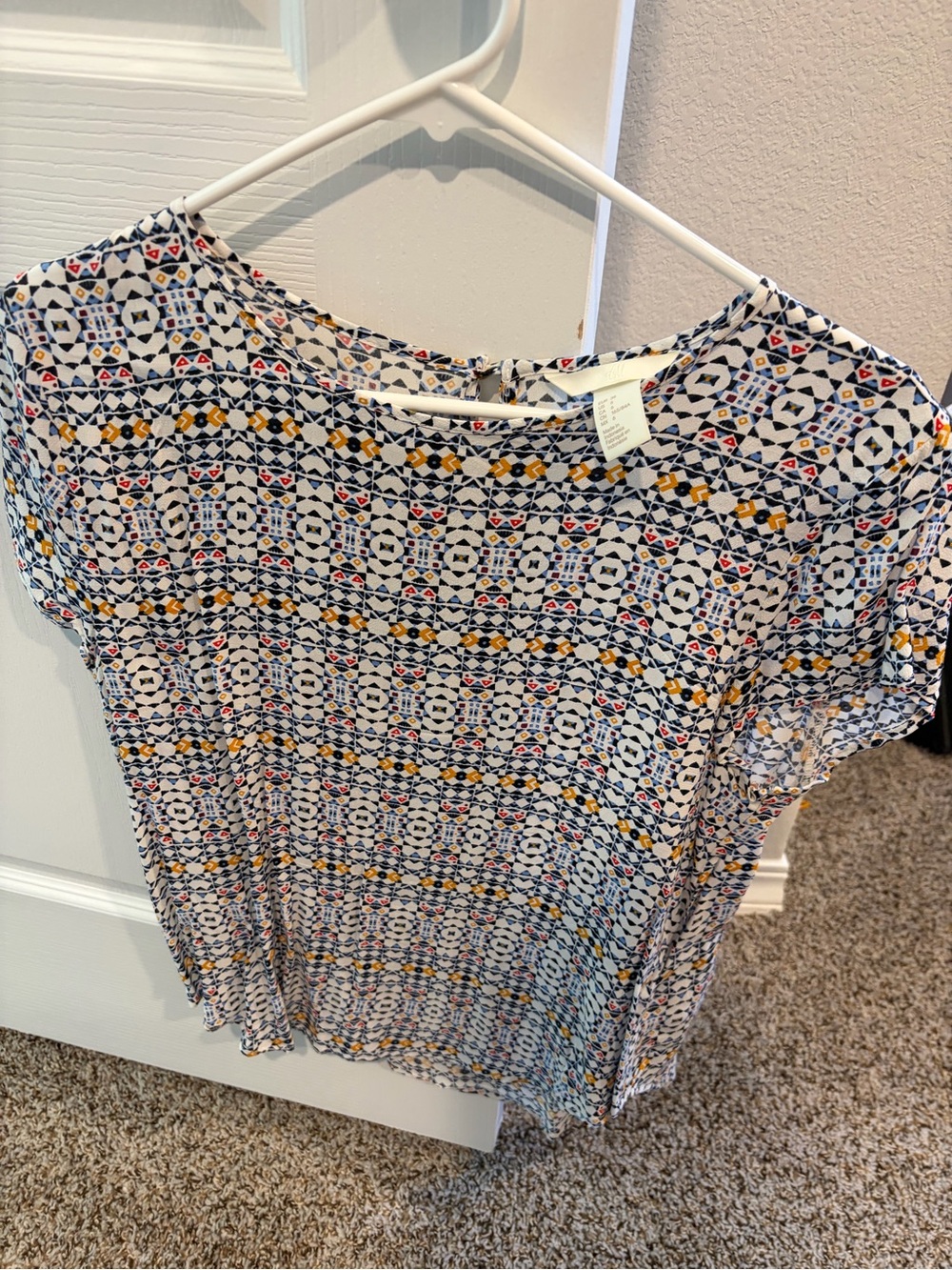 H&M White Short Sleeve Top with Blue and Yellow Geometric Print